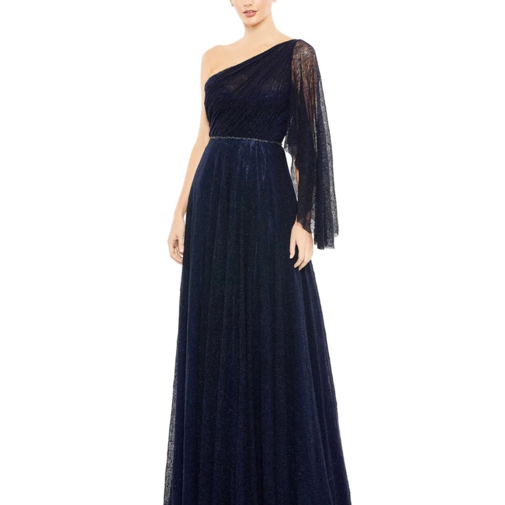 Mac Duggal LACE ONE SHOULDER ILLUSION SLEEVE A LINE GOWN